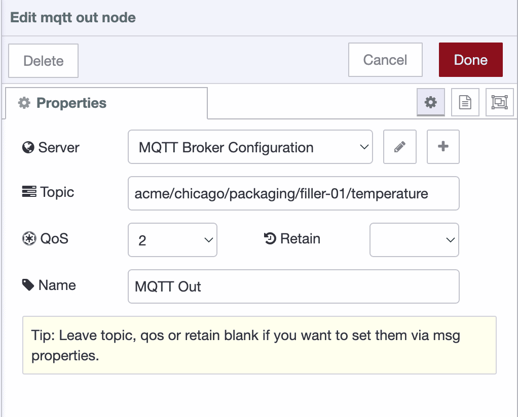 MQTT-out node configuration panel settings